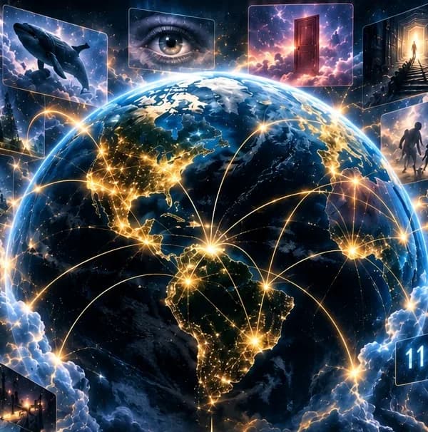 Earth at night with golden lines of light connecting dreamers across every continent