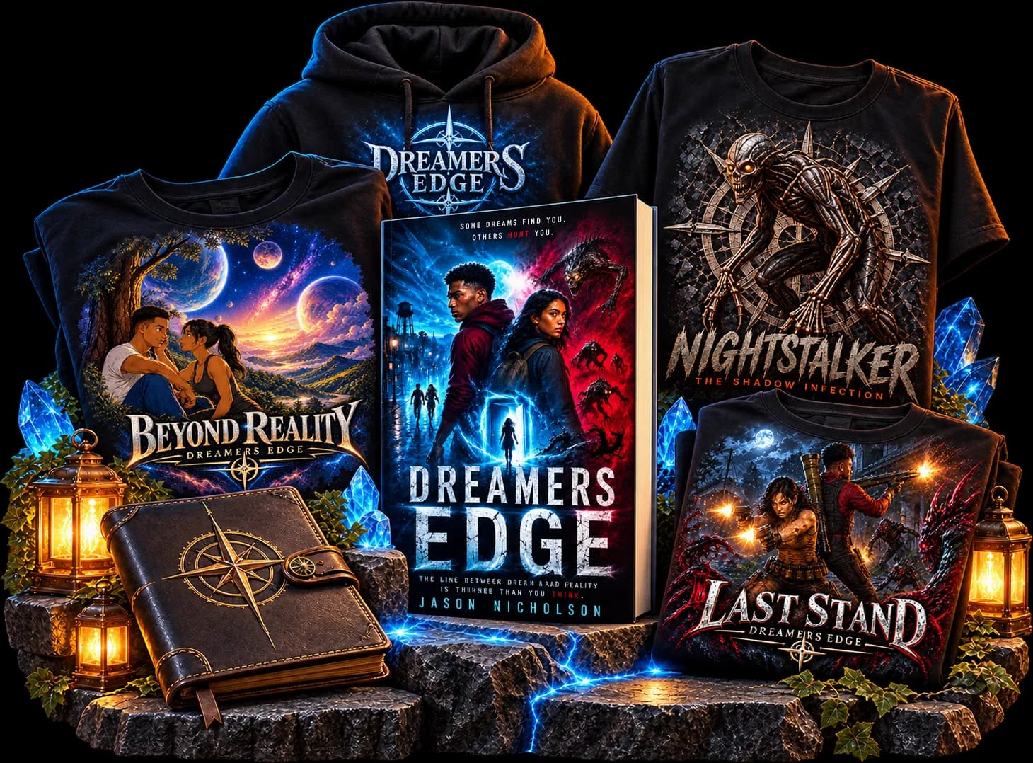 Dreamers Edge merchandise: the Book One cover, Last Stand, Beyond Reality and Nightstalker tees, a leather dream journal and a compass pendant
