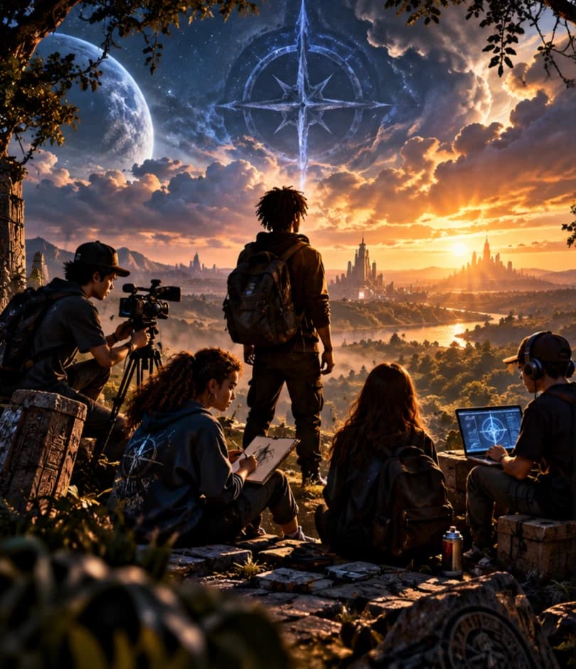 Young creators filming, sketching and designing on a hilltop at sunrise, overlooking a luminous dream city